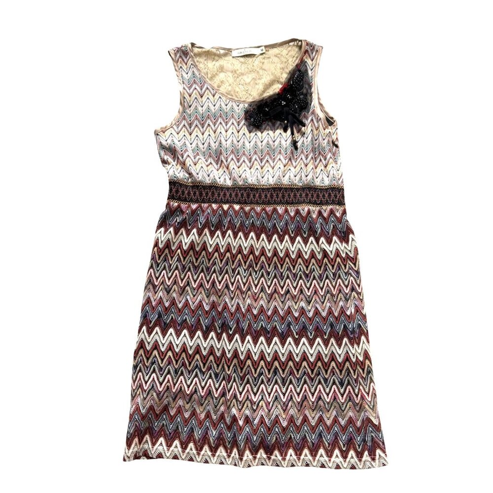 Grifflin Paris Women's Tank Dress Sz M Multicolor Lace Zig Zag Chevron Beaded